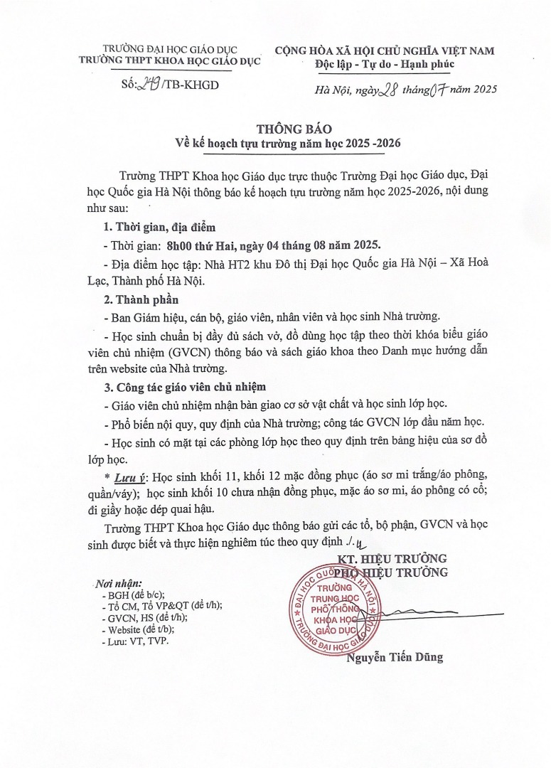 TB số 249.TB.KHGD ngày 28.7.2025 về kế hoạch tựu trường 2025 Page 1 Image 0001